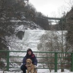Golden Retriever and Woman in front of water falls