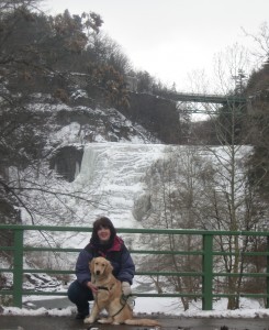 Golden Retriever Dog and Woman in front of Ithaca Falls