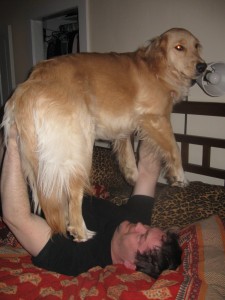 Mike is bench pressing Honey the Golden Retriever.