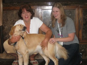 Honey, Pam & Pup Fan Honey the Golden Retriever, Pamela Douglas Webster, and Pup Fan