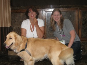Honey, Pam, & Pup Fan - take 4 (The best we're gonna get) Honey the Golden Retriever, Pamela Douglas Webster & Pup Fan