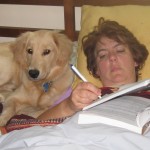 Golden Retriever in bed with woman