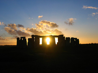 Stonehenge at sunset, near the solstice.