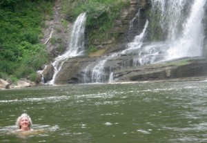 Pamela swims at the base of Ithaca Falls.
