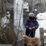 Honey & Pam walking at Taughannock falls in winter.
