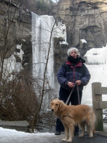 Honey & Pam walking at Taughannock falls in winter.