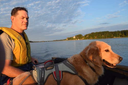 Honey the golden retriever on the dinghy with Mike.