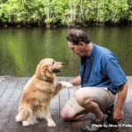 Honey the golden retriever gives a high five.
