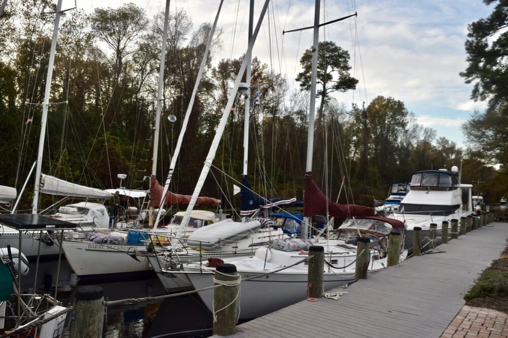 Boats rafted together at a dock.